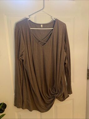 Crisscross V-Neck Long Sleeve Tunic Top - Taupe